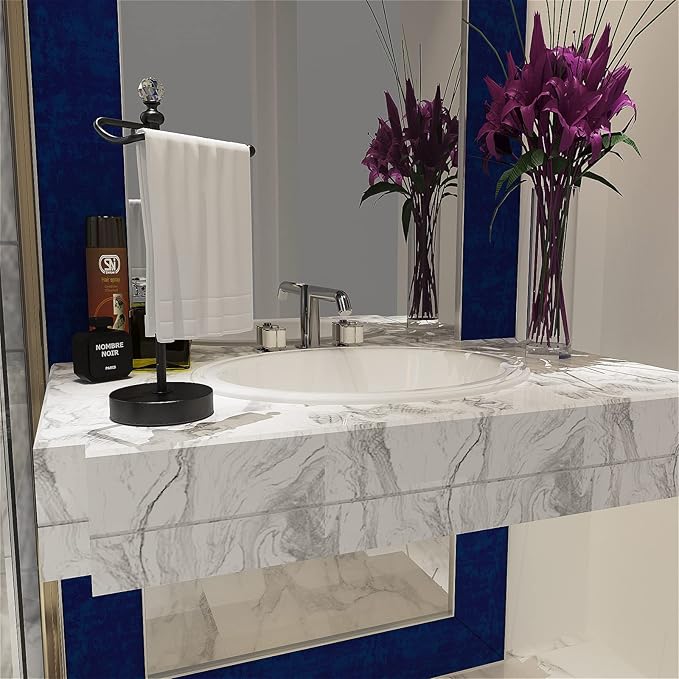 ROLABAM Heavy Weighted Hand Towel Holder(with Crystal Ball) Standing Hand Towel Holder Total Height 15.7'' for Kitchen,Bathroom,Vanity,Classic Decorative Metal Hand Towel Stand,Matte Black