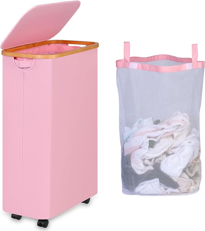 iEGrow 75L Laundry Basket with Wheels,Clothes Hamper for Laundry,Laundry Hamper with Lid and Inner Bag, for Laundry Room, Bedroom, Dormitory Storage,Pink