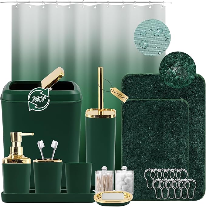 XLHOMO Bathroom Set - Dark Green Bathroom Sets with Shower Curtain and Rugs, 24PCS Shower Curtain Set with Hooks, Soap Dispenser, Soap Dish, Toilet Brush Holder and Trash Can for Housewarming