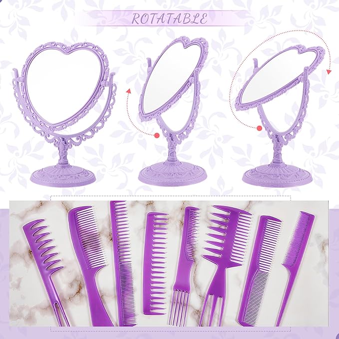 CHENGU Heart Shaped Mirror 8 Pieces Hair Styling Combs Double Sided Rotatable Dresser Heart Mirror Makeup Gifts for Girls Gift Vanity Tabletop (Purple)