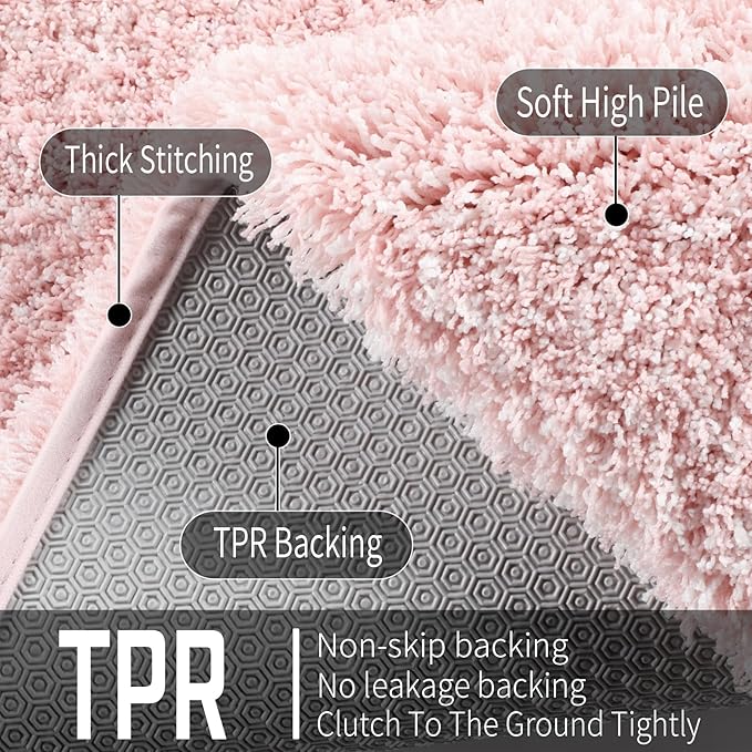 Yimobra Toilet Rugs U Shaped Washable 24x20, Ultra Soft and Water Absorbent Bath Mats, Non Slip Fluffy Shaggy Luxury Microfiber Contour Bath Rugs for Toilet, Dry Quick, Light Pink and White