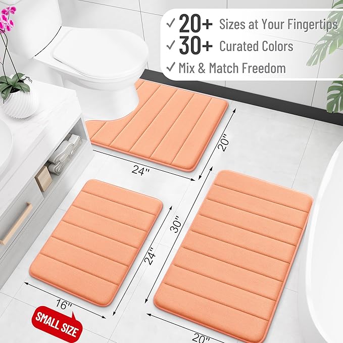 OLANLY Memory Foam Bath Mat 24x16, Super Soft Absorbent Bathroom Rugs, Quick Dry, Machine Washable Shower Floor Rugs, Bathmat Carpet, Bathroom Home Decor Accessories, Peach