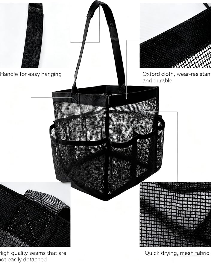 Mesh Shower Caddy Bathroom Portable College Dorm Essentials for Girls Guys Shower Tote Beach Camp Travel Hanging Toiletry Bag Black