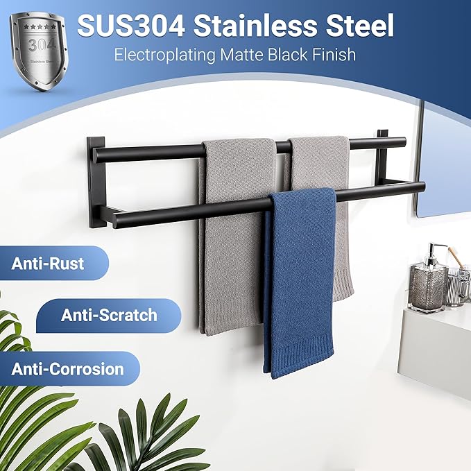 SAYAYO Double Towel Bar for Bathroom, 31.5 Inch Matte Black Bath Towel Rack Towel Holder Wall Mounted, SUS304 Stainless Steel