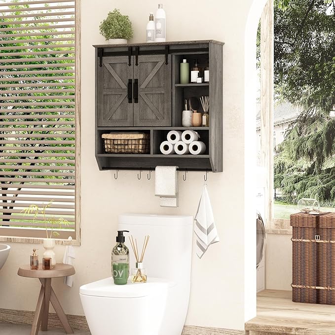 RUSTOWN Farmhouse Bathroom Wall Cabinet,3-Tier Rustic Wood Wall Mounted Cabinets,Vintage Medicine Cabinet with Sliding Barn Door and Adjustable Shelves,Over The Toilet Storage Cabinet (Washed Oak)