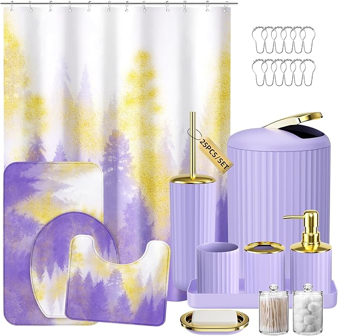Purple and Gold Bathroom Accessories, Bathroom Sets with Shower Curtain and Rugs, Bath Rugs Accessory Set with Bathroom Trash Can, Soap Dispenser, Soap Dish for Home Decor