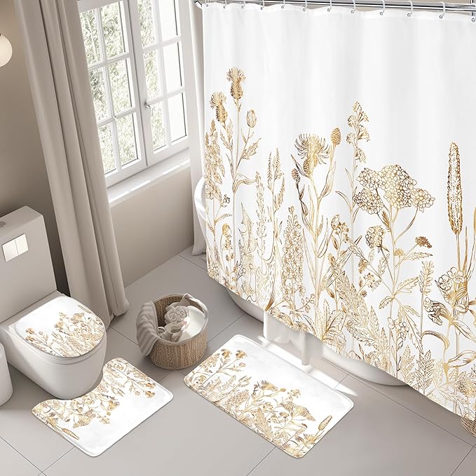 Riyidecor Vintage White Gold Floral Wildflower 4Pcs Bathroom Shower Curtain Sets Rustic Leaves Bathroom Decor Set with Rugs and Accessories Botanical Toilet Lid Rug, Contour and Bath Mat with 12 Hooks