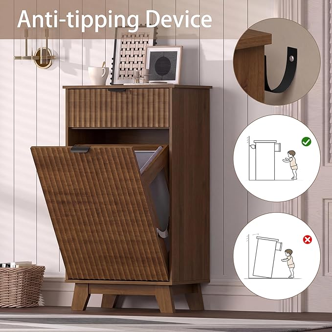 Wodeer Tilt Out Laundry Hamper Cabinet with Storage and Drawer, 10 Gallon Fluted Hidden Trash Can Cabinet, Farmhouse Wood Laundry Basket for Bathroom, Kitchen, Walnut, 20.47" W x 12.99" D x 35.82" H