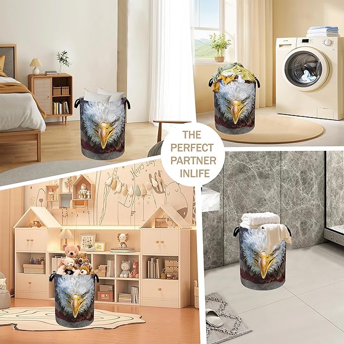 Bald Eagle Laundry Basket,Memorial American Flag Clothes Hamper,Oxford Cloth Collapsible Nursery Hamper Storage Organization for Bedroom,Bathroom,Office,College Dorms,16x20 Inch