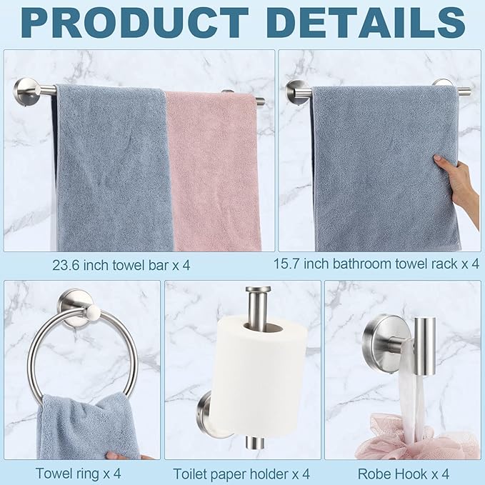 Gisafai 20 Pcs Silver Bathroom Accessories Hardware Set Towel Racks for Bathroom SUS304 Stainless Steel 23.6 Inch Brushed Towel Bar Ring Toilet Paper Holder Robe Hooks for Wall Mounted