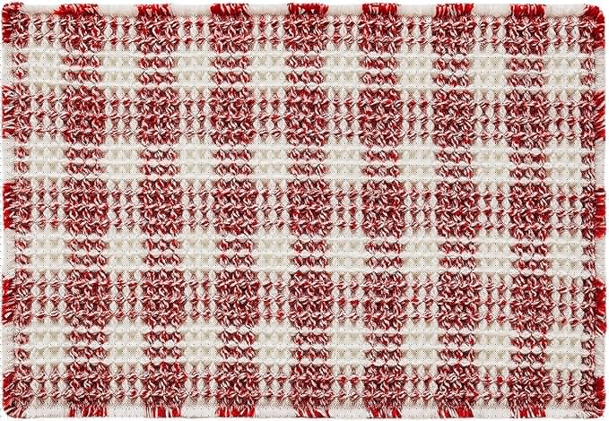 Waffle Bath Mat, Boho Christmas Bathroom Rugs Non Slip Washable Absorbent Checkered Bathroom Mat Quick Dry Cute Bath Mat, 30"x20" Red and White