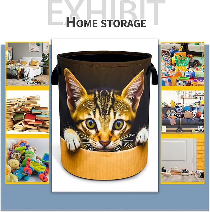 Cute Cat Laundry Basket Pet Animal Foldable Waterproof Oxford Cloth Funny Tote Bag Laundry Hamper Clothes Storage Bucket Toy Organizer For Bathroom/Laundry Storage/Bedroom 18.9x16.5 Inch