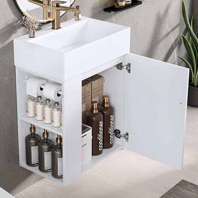 Virubi 20" Floating Bathroom Vanity with Sink, Soft Closing Door,and Storage Shelves, Solid Wood Frame & MDF Modern Single Small Bathroom Vanity Cabinet with Open Shelf,Wall Mounted (White)