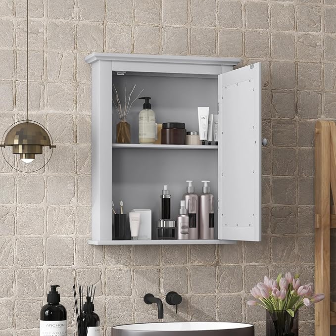 COSTWAY Bathroom Medicine Cabinet with Mirror, Wall-Mounted Storage Cabinet Organizer with 5-Position Adjustable Shelf, Hanging Bathroom Wall Cabinet for Living Room Bedroom Entryway (Grey)