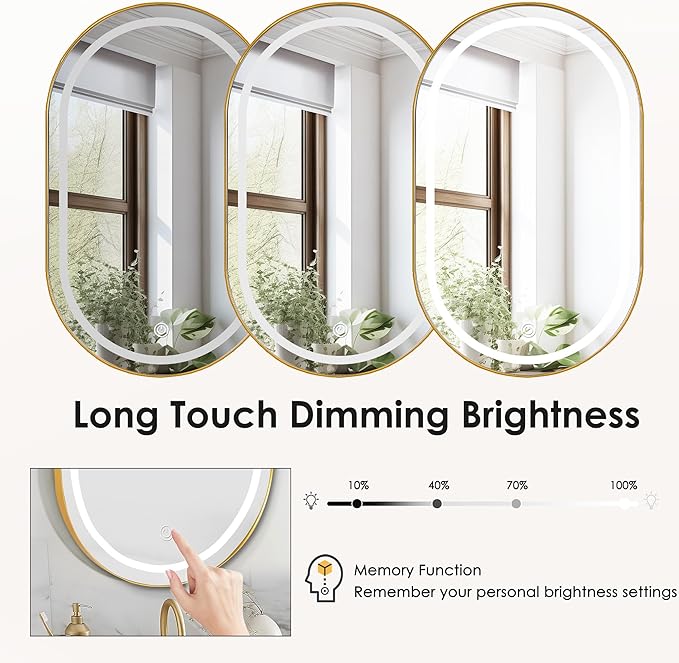 SogesHome Wall Mounted Mirror Medicine Cabinet 33"X20" with LED Lights, Oval Vanity Mirror Storage with Shelves, Modern Decro Recessed Mirror Medicine Cabinet for Bathroom, Bedroom, Gold
