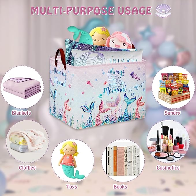 Mermaid Nursery Decor Hamper Pink Laundry Hamper Ocean Fish Animal Baby Girl Gift Basket ,Kids Storage Box Cute Beach Towel Pool Clothes Book Toy Bin,Boo Basket for Halloween