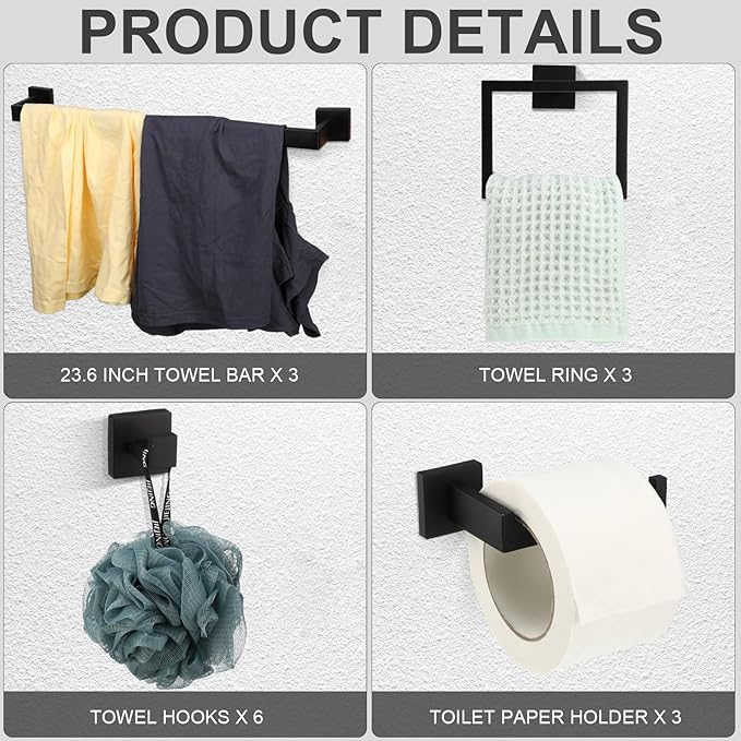Gisafai 15 Pcs Black Bathroom Hardware Accessories Set 23.6 Inch Bath Towel Bar Kit Stainless Steel Bathroom Hardware Set Towel Racks Ring Robe Hooks Paper Holder for Wall Mounted