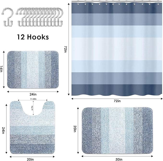 Britimes Blue Stripes Bathroom Sets with Shower Curtain and Rugs, Modern Minimalist Ombre Striped Waterproof Shower Curtain Liner and Soft Non Slip Bath Mat for Bathroom Decor and Accessories Hooks