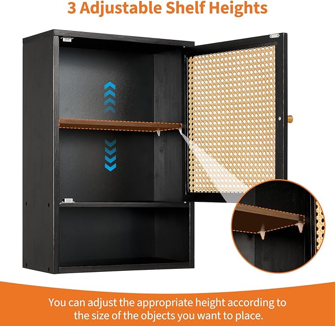 Bathroom Wall Cabinet, Bamboo Medicine Cabinet with Rattan Doors, Adjustable Shelf, Wall Mounted Storage Cabinet for Bathroom, Kitchen, Laundry Room Black