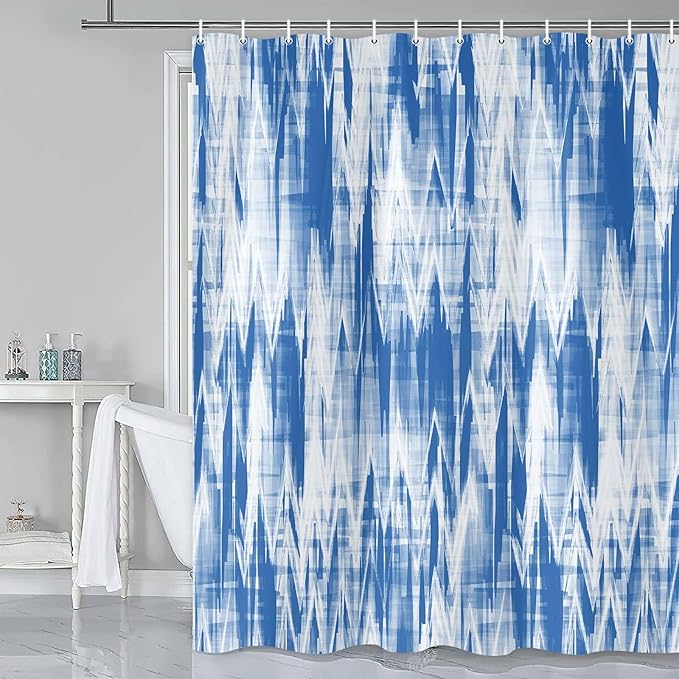JAWO Blue White Shower Curtain, Modern Abstract Pattern Machine Washable Home Bathroom Decorations, Navy Blue Striped Wave Shower Curtain Set with Hooks Waterproof Fabric Bath Curtains Home Decor