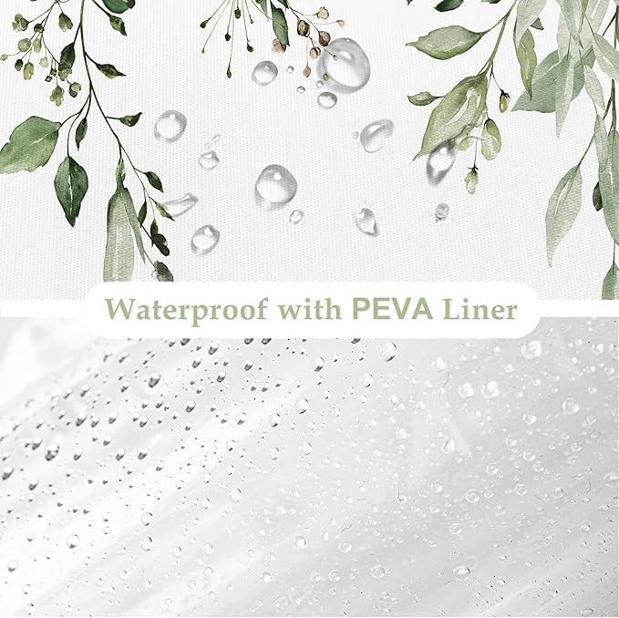 Gibelle 3 in 1 Shower Curtain Set, 72x72 OliveGreen Eucalyptus Bath Curtain with PEVA Liner Set and 12 Metal Hooks, Waterproof Fabric Bathroom Curtain