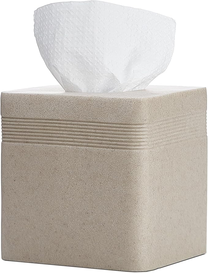 Beige Sandstone Tissue Box Cover Square for Home Decor,Resin Heavy Tissue Box Holder for Bathroom Countertop,Tabletop,Bedside Table,Office (Handmade of Resin)