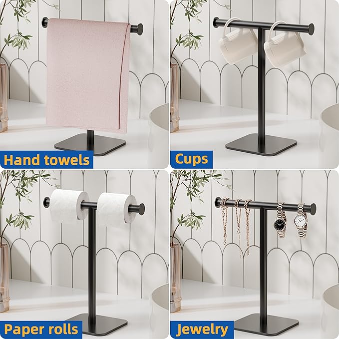 RUACQ T-Shape Hand Towel Holder Stand, Weighted Base Towel Rack, 12" Countertop Towel Holder for Bathroom, 304 Stainless Steel, Heavy Duty (Matte Black, 2 Pack)