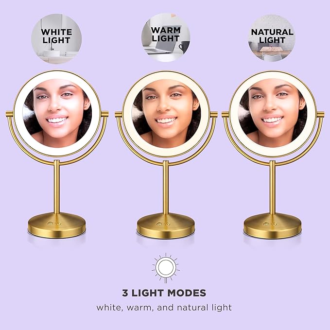 Conair Lighted Makeup Mirror, Double-Sided LED Vanity Mirror with 1X/10X Magnification, 3 Light Settings, 3 Modes, 360° Rotation, Brushed Brass Finish