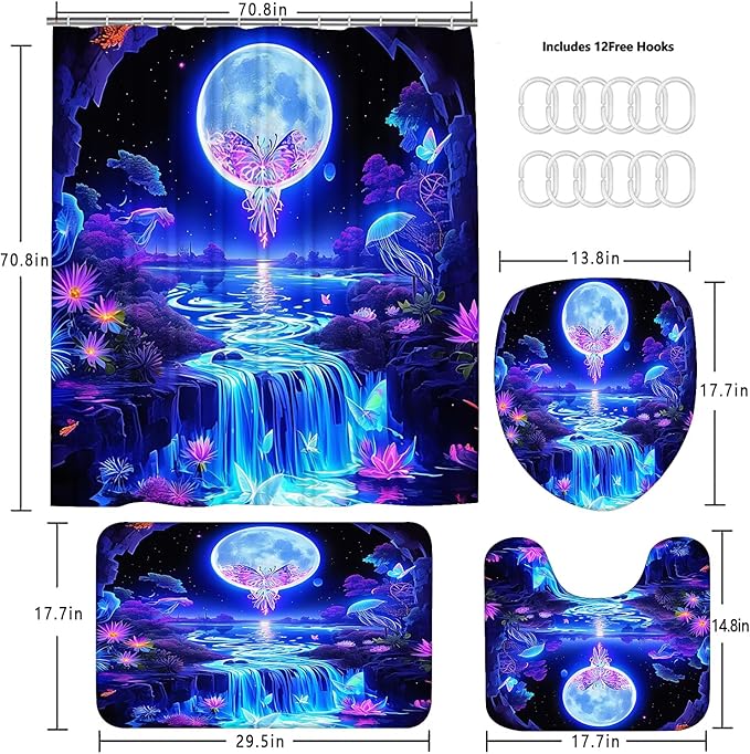 jieprom 4PCS Shiny Butterfly Moon Shower Curtain Bathroom Set with Rugs,Toilet Lid Cover and Bath Mat, Shower Curtain with 12 Hooks, Durable Bathroom Decor Set