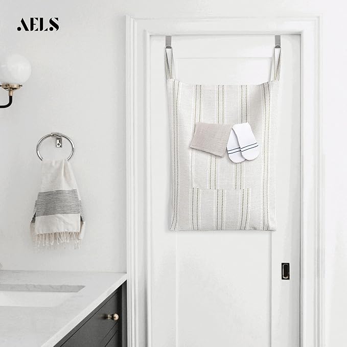 AELS Farmhouse Hanging Laundry Hamper with 2 Hooks, Boho Beige & Brown Stripes Laundry Bag with Zipper & Wide Open Top, Over the Door Organizer for Dirty Clothes, Washable Space Saving Storage