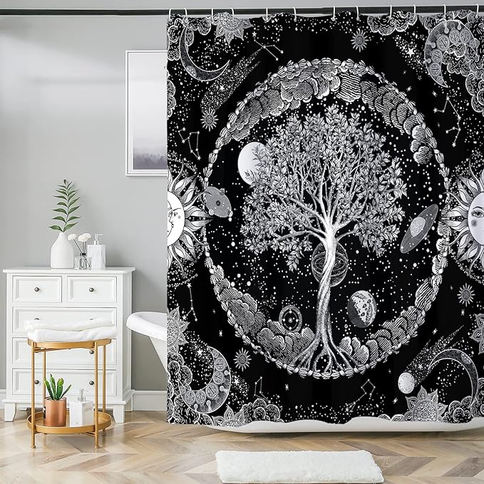 HMS Happy Memories Bohemian Plant Boho Floral Print Shower Curtain, Polyester Fabric Cloth for Bathroom Decor 72×72 Inch Standard Size with 12 Hooks, Also as Room Divider (Black Tree)