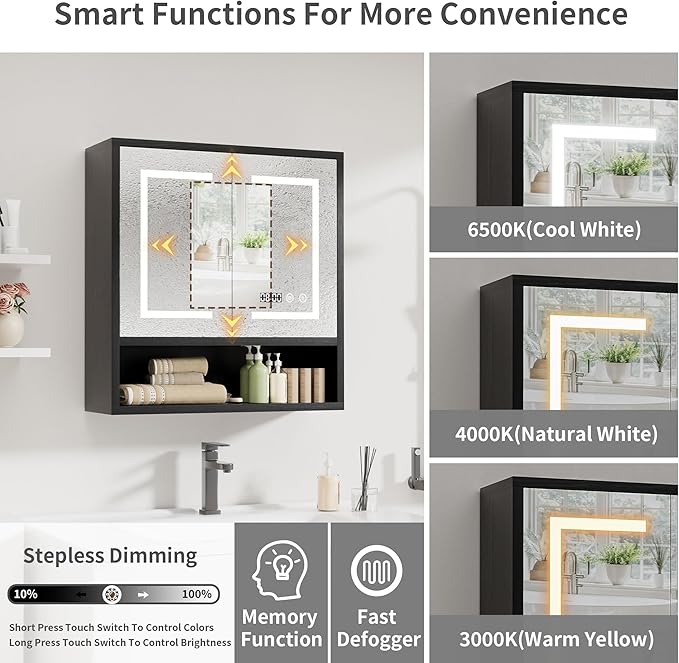 Bathroom Medicine Cabinet with Mirror, Lighted Storage Cabinet Wall Mounted with Doors & Adjustable Wood Shelf, Modern Bathroom Mirror with LED Lights Defogger for Makeup Laundry/Living Room, Black