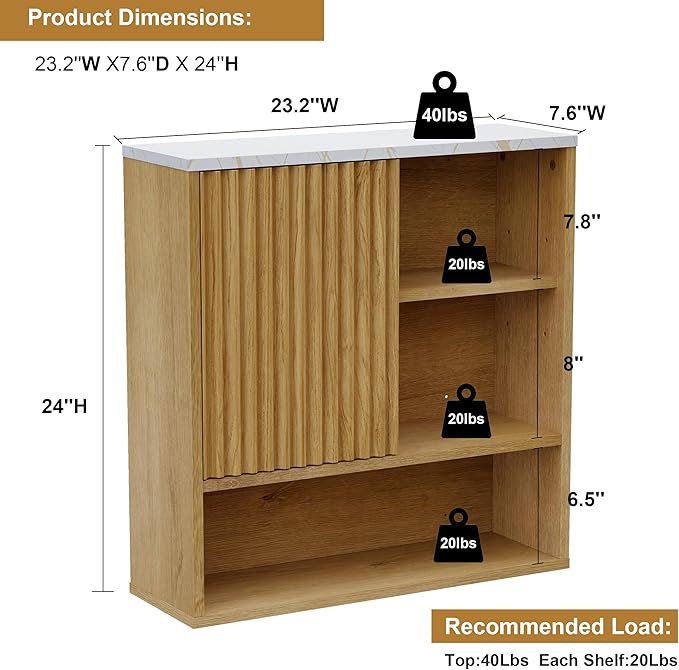 Bathroom Cabinet Wall Mounted Fluted, Modern Medicine Cabinet Over The Toilet Storage Cabinet Faux Marble Top with Adjustable Shelf, Wood Wall Mounted Storage Cabinet Organizer(Oak, Medium)
