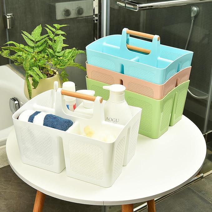 ALINK Portable Shower Caddy Basket with Compartments, Plastic Divided Cleaning Caddy Organizer Storage Tote with Handle for Bathroom, College, Dorm Room Essentials, Light Gray