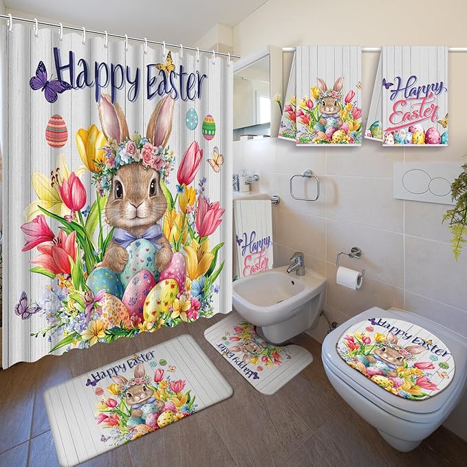 Nuanchu 6 Pcs Easter Shower Curtain Set with Rug Happy Easter Bunny Bathroom Sets with Shower Curtain Bath Mat U Shaped Mat Toilet Lid Cover 2 Bath Towels and 12 Hooks Rabbit Flower Bathroom Decor