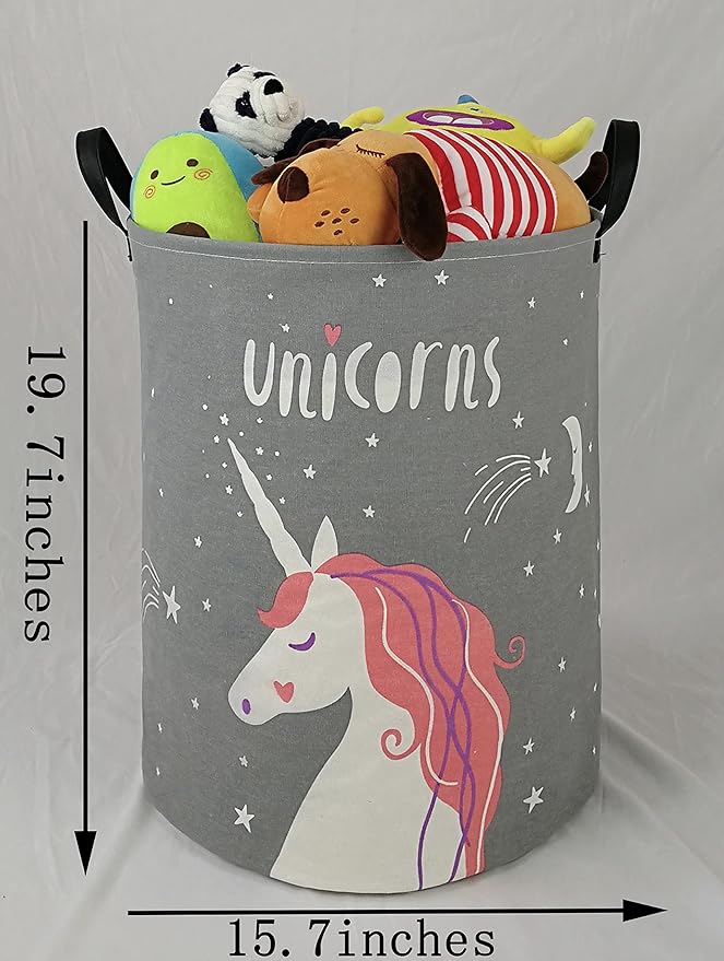 KUNRO Round Laundry Gift Basket Storage Hamper, Clothes Storage Organizer Bins, Shelf Basket with Handles for Room Decor (Grey Unicorn)