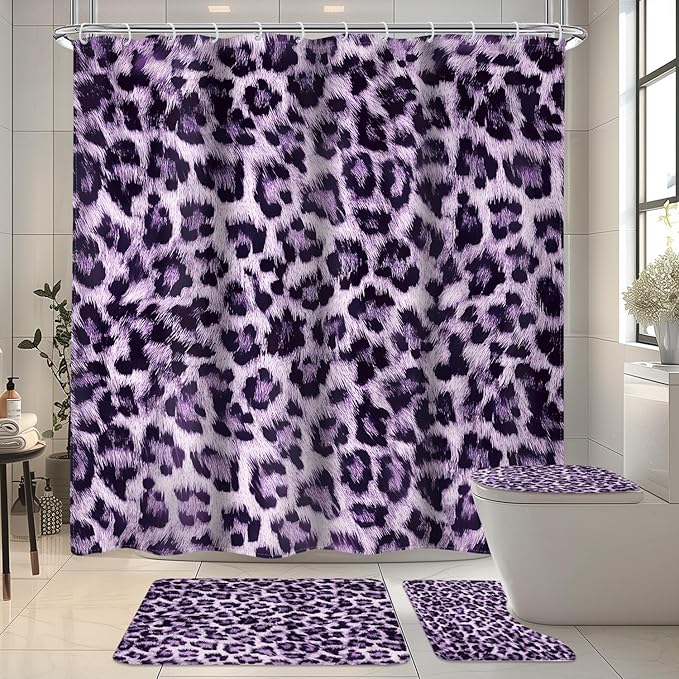 LIGHTINHOME 4 PCS Black Purple Leopard Shower Curtain Set 72Wx72H,Toilet Lid Cover,Non-Slip Rugs and U-Shaped Mat,Wild Cheetah Bathroom Sets with Rugs Shower Accessories 12 Hooks for Bathroom Decor