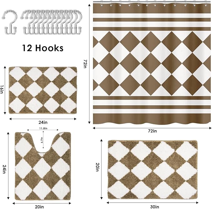 Britimes Brown Geometric Bathroom Sets with Shower Curtain and Rugs, Ombre Modern Minimalist Striped Waterproof Shower Curtain Liner and Soft Non Slip Bath Mat for Bathroom Decor and Accessories Hooks