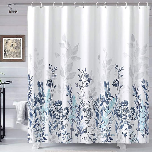 Neasow Blue and Grey Shower Curtain, Watercolor Floral Bathroom Curtain Teal and White Shower Curtains 72×78 inches