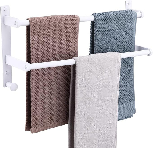 18-Inch Double Towel Rack with Hooks - Space Saving Towel Bar for Bathroom, Stainless Steel Towel Holder, White Finished