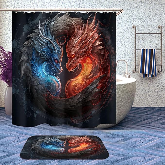 4 Pcs Dragon Shower Curtain Set with Rug, Toilet Lid Cover and Bath Mat, Abstract Magic Animal Fire and Ice Dragon Bathroom Decor Sets Accessories with 12 Hooks
