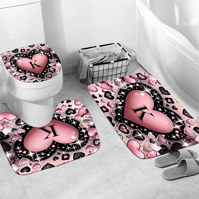 AZHM Romantic K Heart Shower Curtain Set 4 PCS Pink Love Theme Bathroom Decor for Wedding and Valentine's Day Gift with Rugs and 12 Hooks