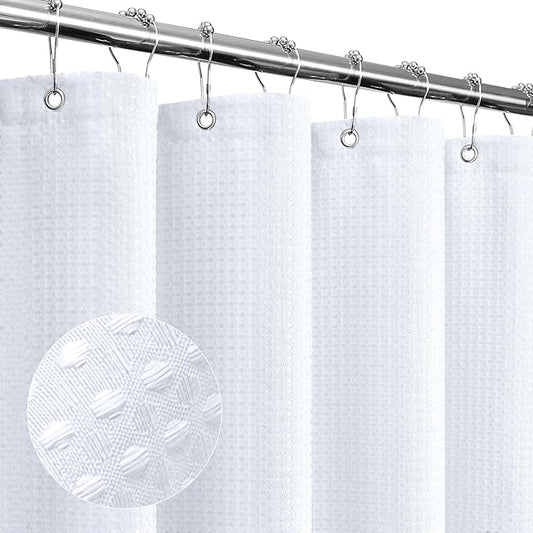 Gibelle Long Shower Curtain 72 x 78, Tall Waffle Weave Textured Fabric Shower Curtain for Bathroom, Water Repellent, Machine Washable, White