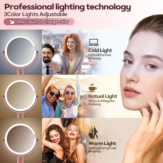 MOMOKUBA Makeup Mirror with Lights, 30X Magnifying & Height Adjustable, Lighted Magnifying Mirror with 3 Light Modes & Stepless Dimming, Vanity Mirrors for Bathroom, Birthday Gift for Women, Rosegold