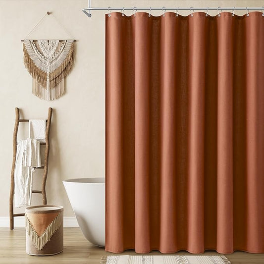 Naturoom Terracotta Linen Shower Curtain, Country Boho Farmhouse Bath Decor Shower Curtains Neutral Cloth Weighted Textured Fabric Bath Curtain Liner with Hooks, 72x96
