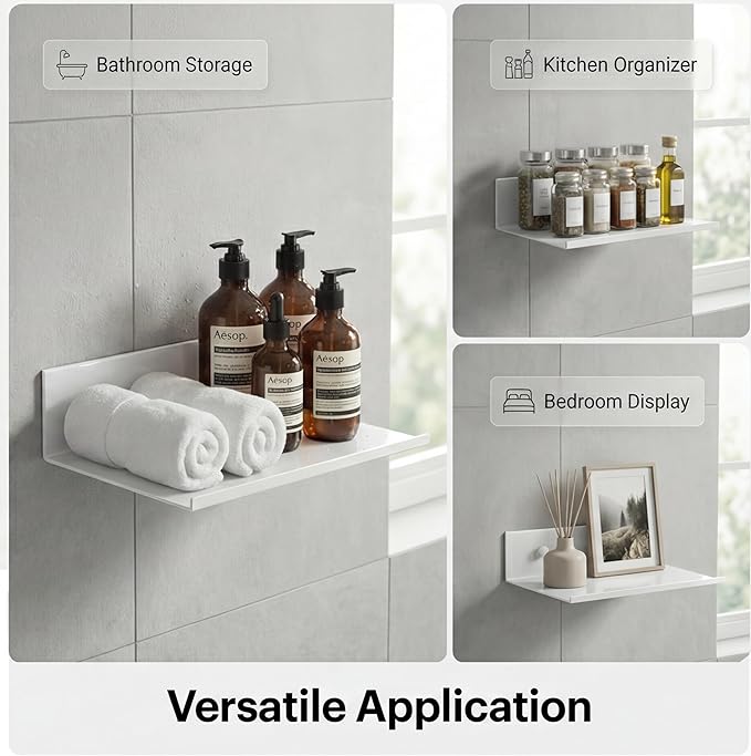 Z metnal Small Floating Shelves, No Drilling Mini Display Shelf for Phone Ceiling, Slim Narrow Lack Wall Shelf, Aluminum, Adhesive or Wall Mounted, White, 8 inch, 2 Pack