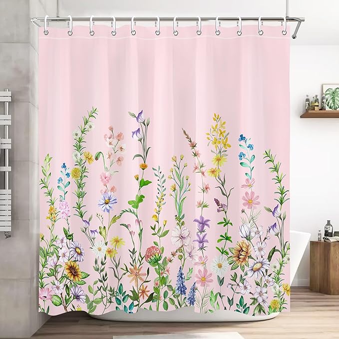 Pink Floral Flower Shower Curtain Pretty Wildflower Bathroom Shower Curtain Set Boho Cute Shower Curtains Cloth Fabric Shower Curtain