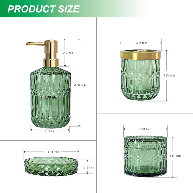 LaMarriti 4pcs Glass Bathroom Accessories Set, Clear Green Bathroom Soap Dispenser Set, Toothbrush Holder, Soap Dish, Soap Dispenser, Qtips Holder Set for Crystal Vintage Bath Decor (Green)