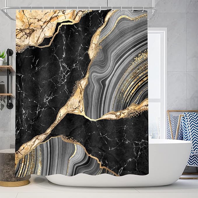 Nkzply 4 Pcs Black Marble Shower Curtain Gold Bathroom Sets with Shower Curtain and Rugs Modern Abstract Grey Shower Curtain Set Bathroom Rug Set Bathroom Decor Accessories with Hooks Toilet Lid Cover