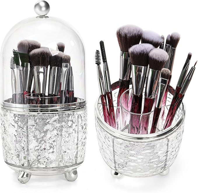 Eorbow Rotating Makeup Brush Holder, Dustproof Cosmetic Tools Organizer with Lid, 360?? Spinning Covered Brushes Storage with Anti-slip Pads for Vanity, Bathroom Countertop & Bedside Table, Clear